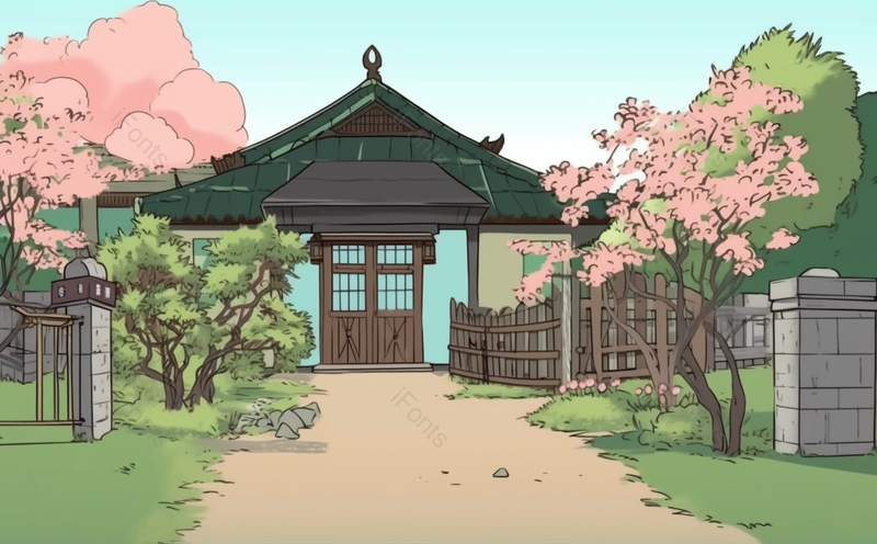 建筑屋顶大门前的围栏树木和草地盛开的花朵,插画/手绘图,插画/手绘图库,插画/手绘图下载,插画/手绘
